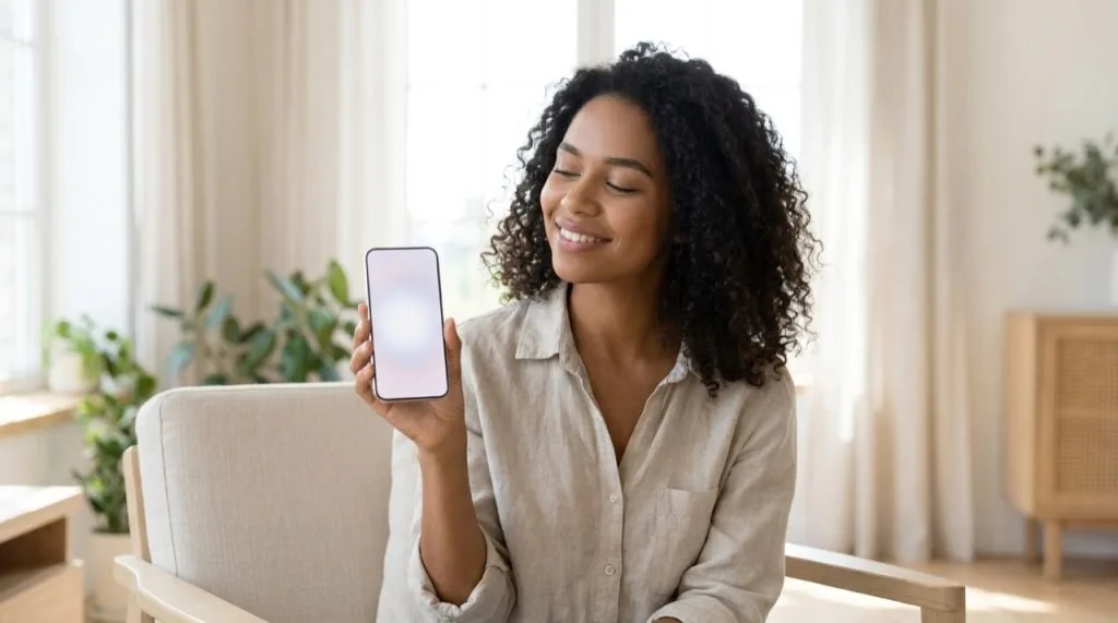 Pessoa satisfeita segurando o celular rápido e sem travar